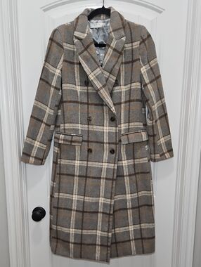 Astr The Label Brown and Grey Plaid Double-Breasted Wool Blend Long Coat XS